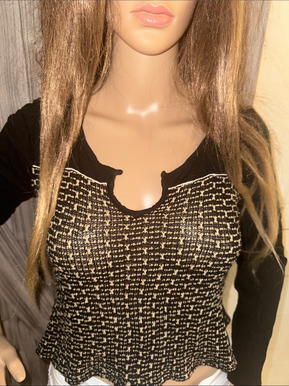 Black & Cream Tweed-Look Long Sleeve Top